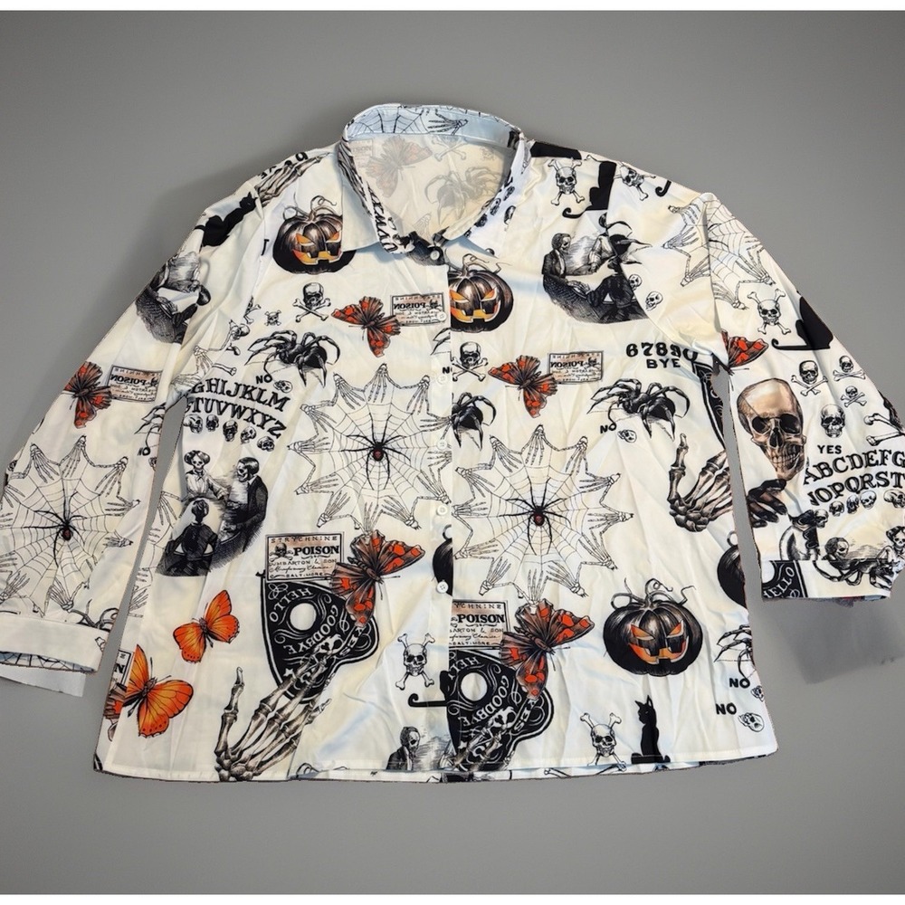 Women's 3XL Gothic Occult Ouija Board Print Button Down Shirt Halloween Witchy